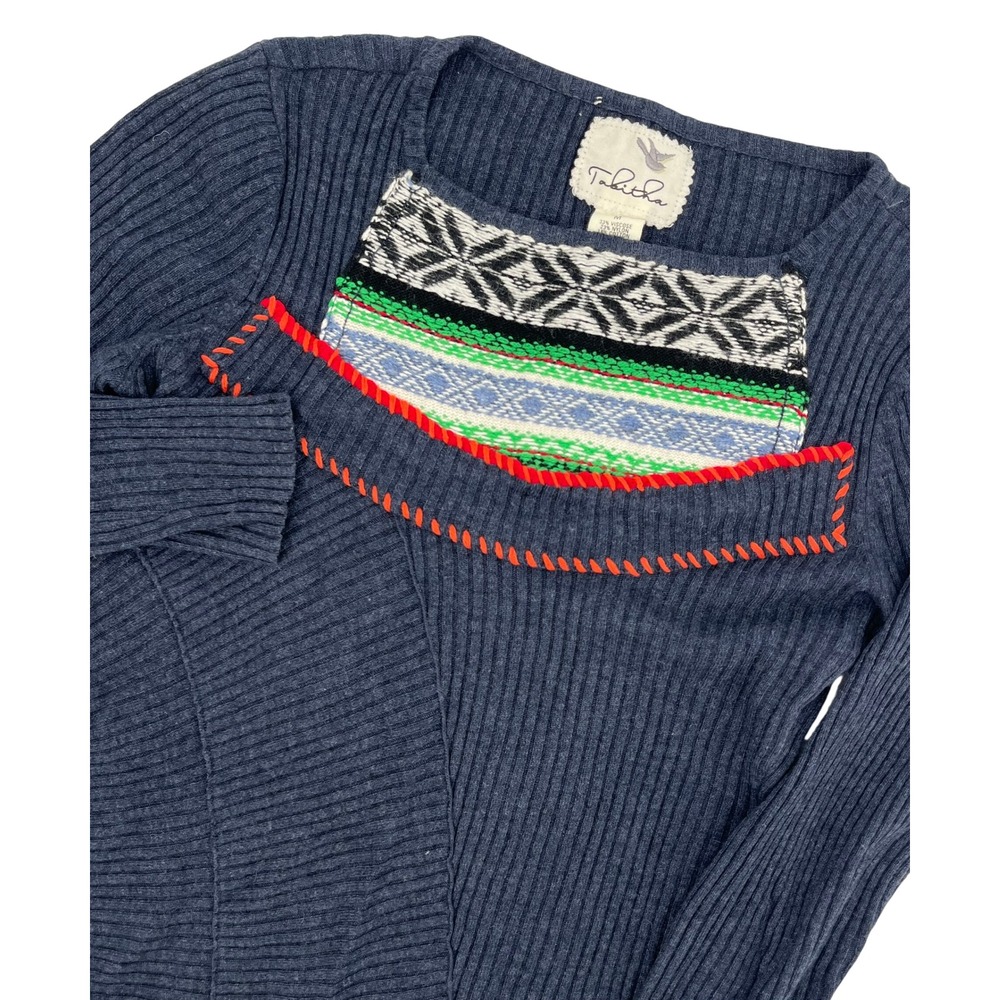 Tabitha Anthropologie Navy Ribbed Fair Isle Mixed Sweater Lambswool Blend M
